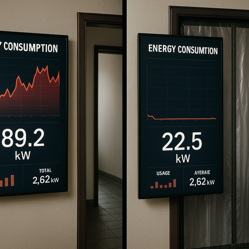 Infographic showing energy savings comparison between a standard door and a magnetic PVC curtain.